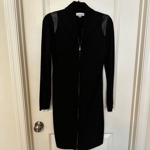 Calvin Klein Black Sweater Dress, Gold Zipper & Leather Shoulder Accent